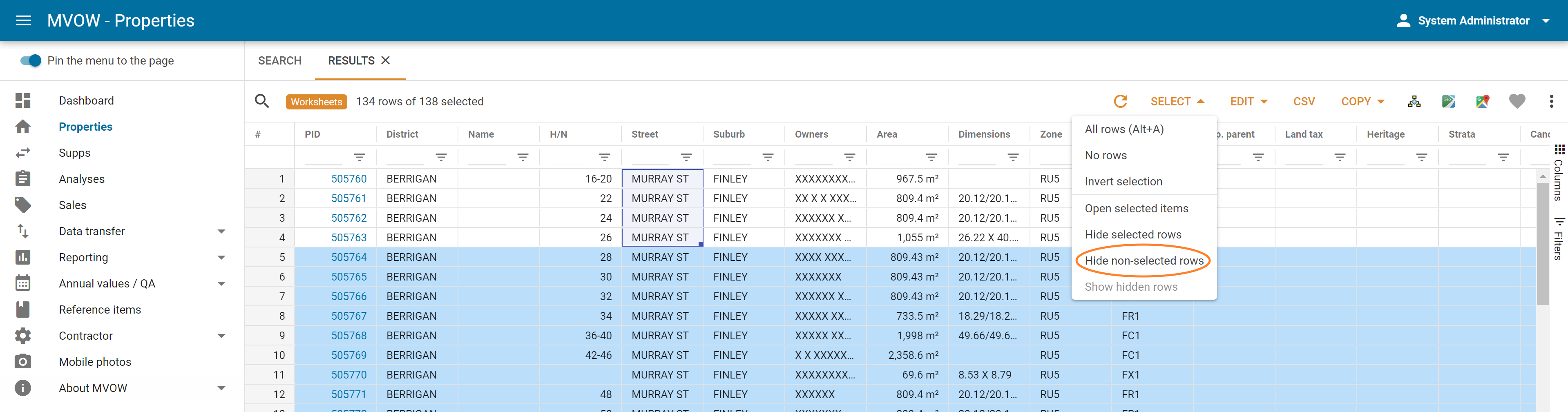 Hide non-selected rows